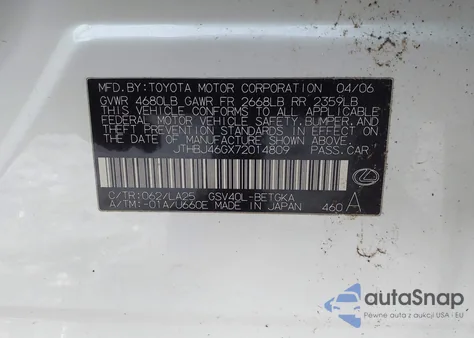 2007 Lexus Es 350 from USA, damaged, VIN JTHBJ46GX72014809